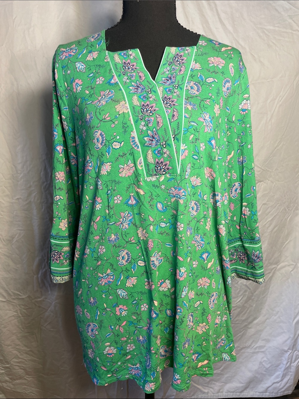 J. Jill Green Floral Split V-Neck Tunic Dress
